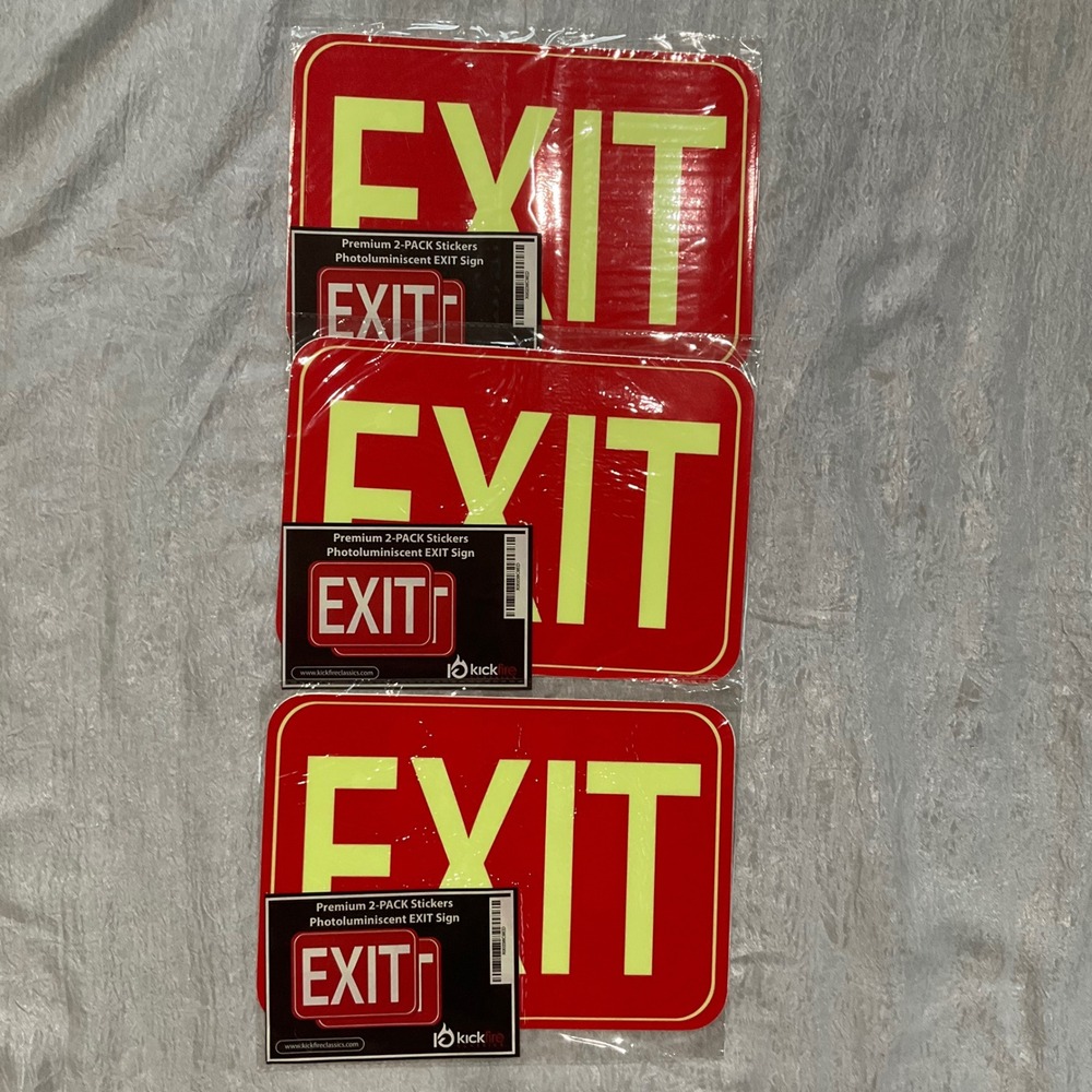 Kickfire Photoluminescent EXIT Sign Stickers Lot 3 Packs 6 Signs GlowDark Safety